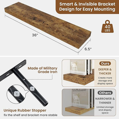 fuqing Floating Shelves for Wall, Bathroom Shelf Wall Mounted for Storage, Shelves with Invisible Bracket for Bedroom, Kitchen, Living Room, Farmhouse Small Book Shelf, 36 Inch Set of 2, Rustic Brown