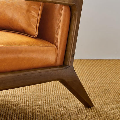 Glitzhome 2 Set Mid Century Yellowish Brown Accent Armchair, Single Reading Armchair PU Leather Lounge Chair with Walnut Ruberwood Frame