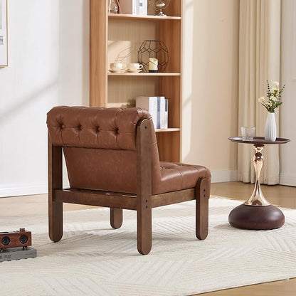 Modern Armless Accent Chair for Living Room, Brown PU Leather Button Tufted Upholstered Lounge Reading Chair with Walnut Wood Frame