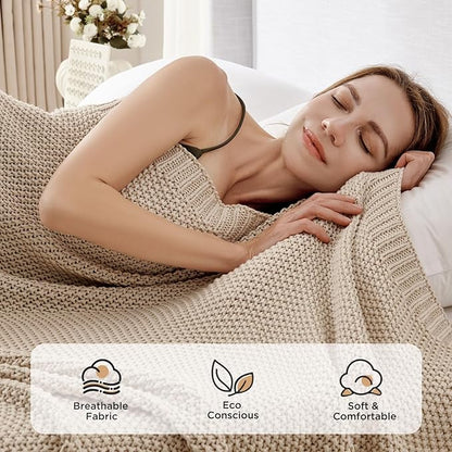 Joydeco Chunky Cable Knit Throw Blanket, Lightweight 100% Organic Cotton Soft Cozy Throw Twin Blanket for Couch Bed and Sofa, Rustic Breathable Farmhouse Blanket Gift for Women Men(Beige, 51"x63")
