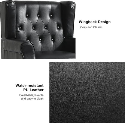 Accent Chair, Upholstered Armchair with Button Tufted High Back & Solid Wood Legs, Comfy Wingback Reading Single Sofa Chair for Small Spaces, Living Room, Bedroom (Leather Black, Set of 2)