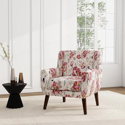 UIXE Floral Accent Chair, Modern Upholstered Armchair in Fabric for Living Room, Comfy Club Arm Chairs Single Sofa Button Tufted Bedroom Reading Seat - Pattern White, Set of 4