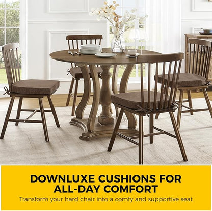 downluxe Indoor Chair Cushions for Dining Chairs, Soft and Comfortable Textured Foam Kitchen Chair Pads with Ties and Non-Slip Backing, 16" x 16" x 2", Brown, 4 Pack