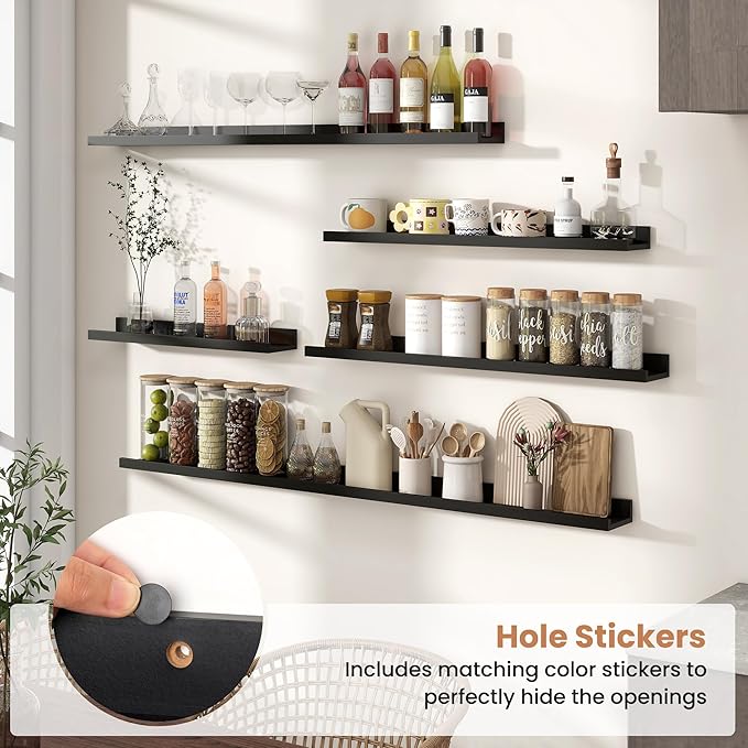 Fun Memories Picture Ledge Shelves Set of 2, 36 Inch Rustic Wall Mounted Floating Shelves with Lip for Home Storage and Décor in Bathroom, Kitchen, Nursery, Bedroom, Living Room, Black