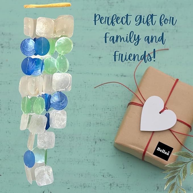 Bellaa 22906 Wind Chimes Outdoor, Garden Decorations, Musical, Indoor/Outside Windchimes, Beach, Ocean Breeze, Gifts for Mom, Gift for All Occasions, Capiz Sea Glass Shells Wood White Blue Green
