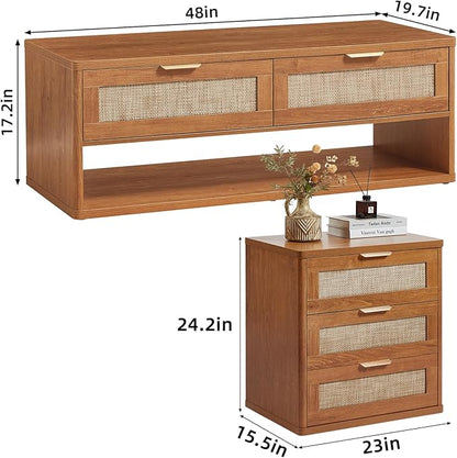 LEYAOYAO Boho Rattan Coffee Table and End Table Sets, 48" Wide Center Tables & 23" Night Stand with 3 Drawers, Brown Wood Coffee Table for Living Room 2 Piece Set