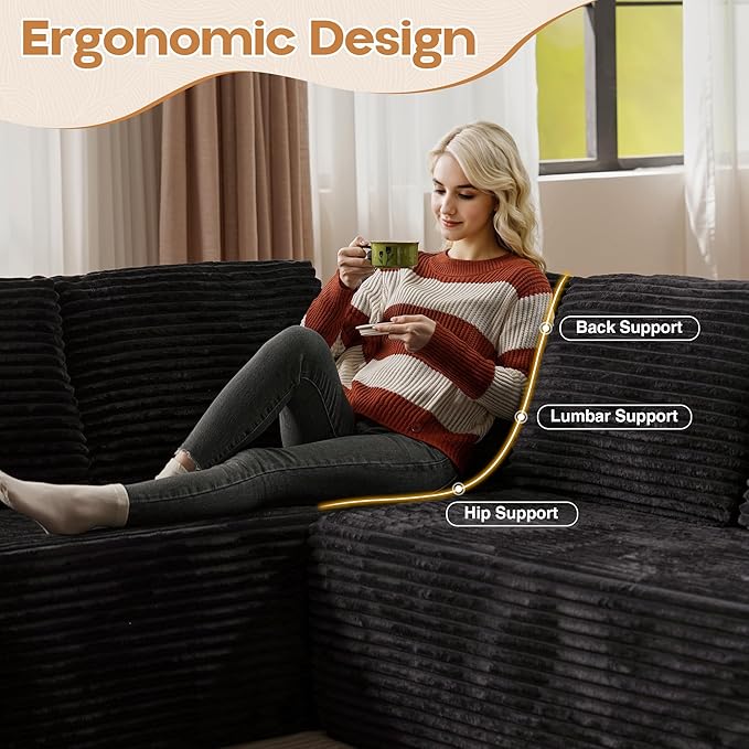 Cloud Sectional Couches for Living Room,U Shaped Modular Sofas No Assembly,135x107 Inches Plush Corduroy Oversized Floor Couch Set with Deep Seat Chaise,Black