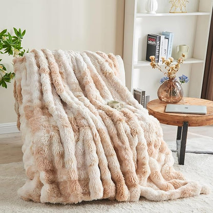RYNGHIPY Faux Rabbit Fur Bed Throws Fluffy Warm Throw Blanket for Sofa Couch Soft Plush Decorative Blanket Thick and Heavy Cute Bubble Furry Blanket (Light Tan, 51''x63'')