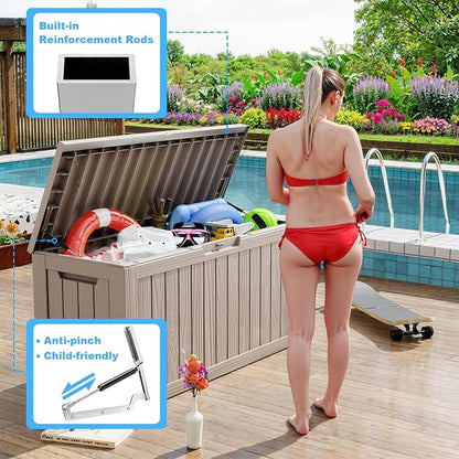 Vixzen 80 Gallon Resin Deck Box, Lockable Outdoor Storage Box for Patio Cushions Storage Furniture,Garden Tools, Pool Supplies, Weatherproof and UV Resistant- Grey