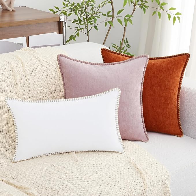 decorUhome Chenille Soft Throw Pillow Covers 12x20 Set of 2, Lumbar Velvet Farmhouse Neutral Decorative Euro Pillow Covers with Stitched Edge for Couch Sofa Bed Home Decor, White