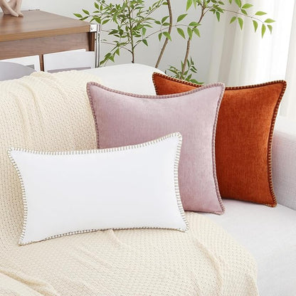 decorUhome Chenille Soft Throw Pillow Covers 12x20 Set of 2, Lumbar Velvet Farmhouse Neutral Decorative Euro Pillow Covers with Stitched Edge for Couch Sofa Bed Home Decor, White