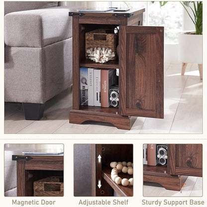 JXQTLINGMU Nightstand with Charging Station, Rectangular Farmhouse End Table with Barn Door and Adjustable Storage Shelf, 17" Deep Wood Rustic Sofa Side Table for Living Room, Bedroom, Brown