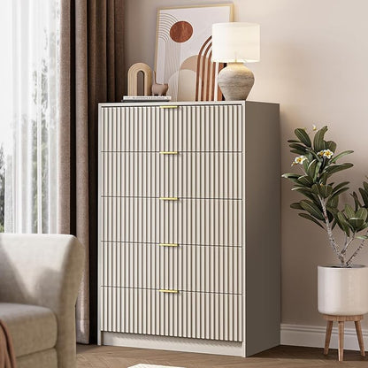 5 Drawer Dresser for Bedroom, Tall Dresser Chest of Drawers with Gold Handles, 32 Inch Wide Nightstand with for Bedroom, Living Rooms, Offices, and Entryways, Beige