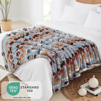 CASAAGUSTO Boho Sherpa Throw Blanket, Aztec Throw Blanket, Ultra Soft, Warm, Cozy, Plush, Thick Fleece Bohemian Blanket for Couch, Bed, Sofa (Blue Grey 50 * 60 Inch)