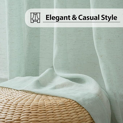 FMFUNCTEX Linen Sheer Curtains for Bedroom, Sage Green Curtains 63 Inch Length for Living Room, Farmhouse French Flax Blend Window Draperies, Rod Pocket 2 Panels Set