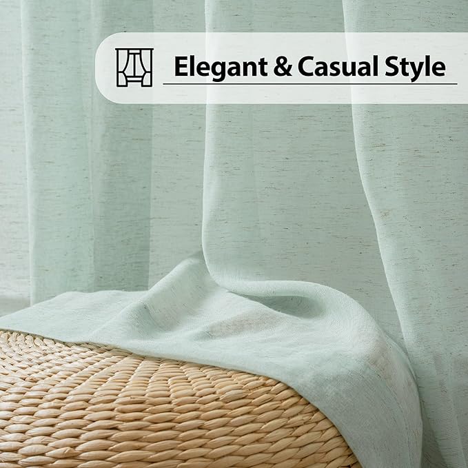 FMFUNCTEX Linen Sheer Curtains for Bedroom, Sage Green Curtains 96 inches Long for Living Room, Farmhouse French Flax Blend Window Draperies, Rod Pocket 2 Panels Set