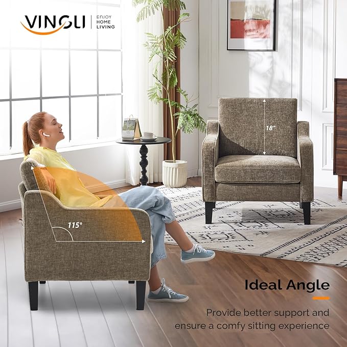 VINGLI Accent Chairs Set of 2 Living Room Chairs Light Brown Reading Chair for Bedroom Scooped Arm Chair Mid Century Modern Accent Chairs Upholstered Comfy Chair for Apartment, Waiting Room
