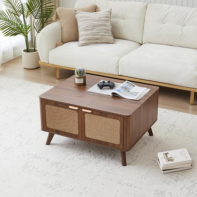AVZEAR Lift Top Coffee Table with Storage, Mid Century Modern Coffee Table with Nature Linen Doors & Large Hidden Storage, Rounded Corners Center Table Farmhouse Coffee Tables for Living Room, Walnut