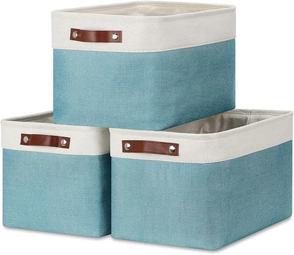 DULLEMELO Storage Baskets for Shelves, Fabric Collapsible Rectangular Storage Bins for Shelves, Closets, Nursery, Home, Empty Gift Baskets (3-Pack Medium-15 inch X 11 inch X 9.5 inch , White&Teal)