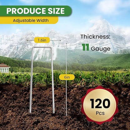 Landscape Staples Galvanized 6 Inch 120 Pcs, Metal Garden Stakes 1.6 Inch, Garden Staples for Lawn 11 Gauge