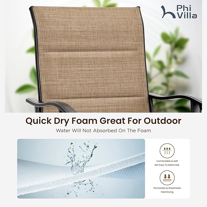 PHI VILLA 3 Piece Outdoor Bar Set, Bar Height Patio Table and Chairs with Brown Padded Textilene Fabric & Rustproof Metal Frame for Backyard, Balcony, Garden & Poolside