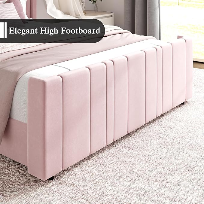 HOMBCK Queen Bed Frame Pink Upholstered Bed with Vertical Channel Tufted Headboard & 22" Footboard, Noise Free/Wooden Slats/Noise Free/No Box Spring Needed/Easy Assembly