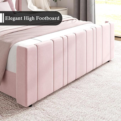 HOMBCK Queen Bed Frame Pink Upholstered Bed with Vertical Channel Tufted Headboard & 22" Footboard, Noise Free/Wooden Slats/Noise Free/No Box Spring Needed/Easy Assembly