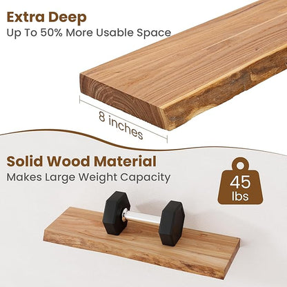 Floating Shelves for Wall Decor, Rustic Solid Elm Wood Live Edge Floating Shelves Wall Mounted, Wall Shelves with Invisible Bracket for Living Room Bathroom Bedroom Kitchen, 24 Inch Set of 2, Natural
