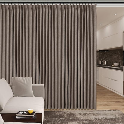 Light Coffee Pinch Pleat 100% Blackout Drapes Linen Blend, Room Divider, Room Darkening, Energy Saving, Furniture Protecting, Light Blocking Extra Wide Privacy Curtains, 200Wx102L, 1 PC
