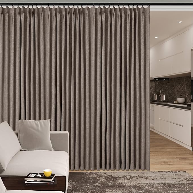 Room Divider Curtains Screen Partitions, Linen Look 100% Blackout Drapery 108 Inches Long, 100" Wide Pinch Pleated Window Drapes, Privacy Protecting, Light Blocking, (1 PC, Light Coffee)