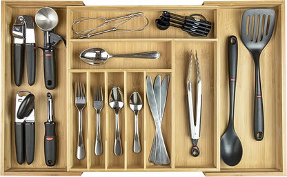 Premium Silverware, Flatware and Utensil Organizer for Kitchen Drawers, Food-Safe Contract Grade, Expandable from 16 to 28 In, Natural Bamboo