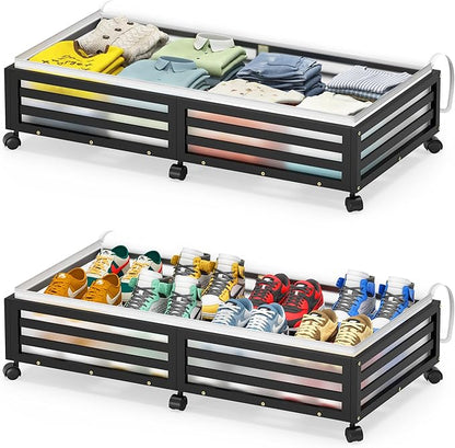 Under Bed Storage Containers With Wheels - 2 Pcs Large Bamboo Wood Rolling Underbed Shoe Storage Bins With Dust Bags for Clothes Blankets, Duvet Covers Snacks Toys (Black)