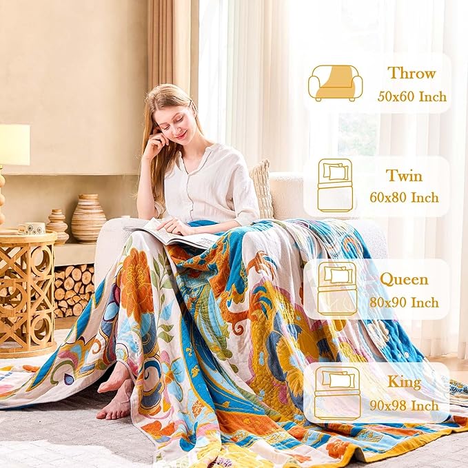 Boho Throw Blanket, Lightweight Blankets for Summer, 100% Cotton Bohemian Decorative Throw Blanket, 80"x90" Reversible Muslin Breathable Woven Farmhouse Blankets Quilt,