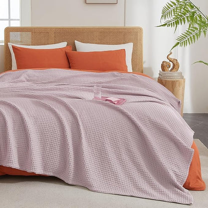 PHF Ultra Soft Waffle Weave Throw Blanket 50"x 60"- Washed Lightweight Breathable Cozy Woven Blanket for Bed - Aesthetic Decor for Couch Bedding Sofa Home Car - Dusty Rose