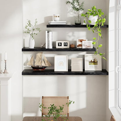 Fun Memories Floating Shelves 48 Inch Set of 2, Black 48 x 9 Wall Shelves for Home Decor Storage, Rustic Wood Floating Shelf for Wall, 9 Inch Deep Shelving for Bathroom, Living Room, Kitchen