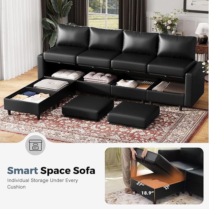 118.5" Oversized Modular Sectional Sofa, Faux Leather 6 Seater U Shaped Couch with Movable Ottoman and Storage Seat with Reversible Chaise Deep Seat for Living Room Black