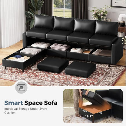 118.5" Oversized Modular Sectional Sofa, Faux Leather 6 Seater U Shaped Couch with Movable Ottoman and Storage Seat with Reversible Chaise Deep Seat for Living Room Black