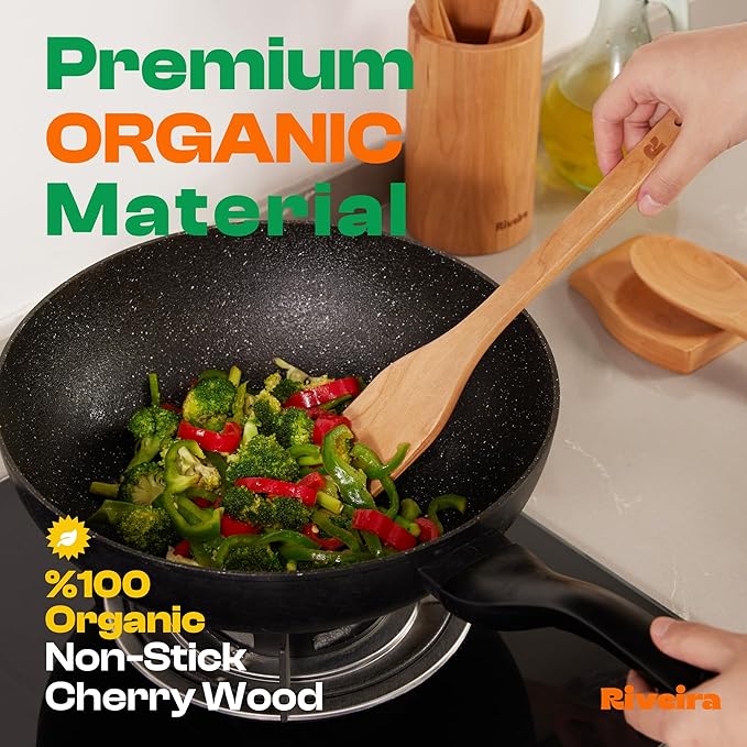 Riveira Cherry Wooden Spoons for Cooking Set of 3 – Natural Cherry Wooden Cooking Utensils, Wooden Spatula, Wooden Spoon - Premium Quality Wooden Utensil Set for Non-Toxic Cooking