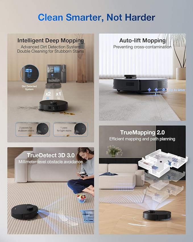 ECOVACS DEEBOT T30S Combo Robot Vacuum and Mop, All in One Cleaning Hub, 11000Pa, ZeroTangle Technology, TruEdge Adaptive Edge, Dual Self-Emptying, Hot Water Washing