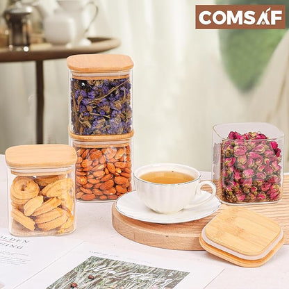 ComSaf 0.7 Qt Glass Food Storage Jars Set of 4, Clear Glass Storage Containers with Lids, Pantry Organization Jar, Spice Jar, Blooming Tea, Coffee and Sugar Container, Small Canister Set for Kitchen