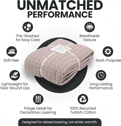 Gold Case Throw Blanket for Bed – 100% Recycled Turkish Cotton Bed Blanket – Decorative Throw Cotton Blankets for Living Room & Bedroom – Retro Beige Woven Queen Blankets – 90x90