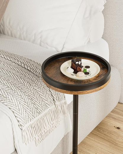 Masupu Drink Table, Round Side Table for Small Spaces, Pedestal Small End Table with Metal Base, for Living Room, Bedroom, Bathroom, Rustic Brown+Black(Lip)