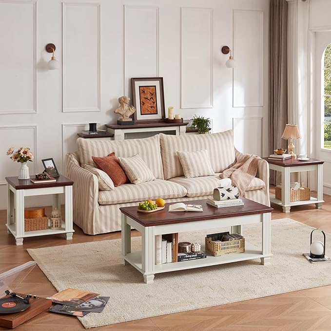 Farmhouse Coffee Tables for Living Room,Square Tea Table with Open Storage Shelf,Large Coffee Table,Rustic Wooden Center Table,White