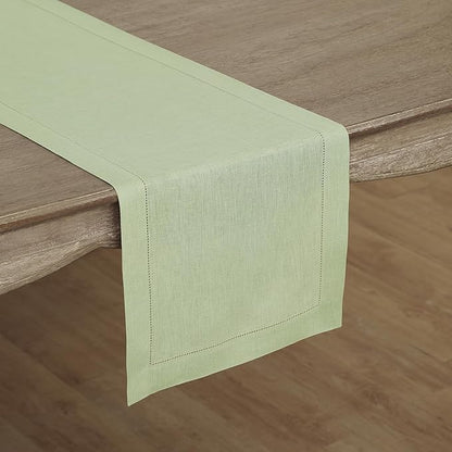 Solino Home Linen Sage Green Table Runner 132 Inches Long - 100% Pure Linen Extra Long Table Runner 14 x 132 Inch for Fall, Autumn, Thanksgiving - Classic Hemstitch