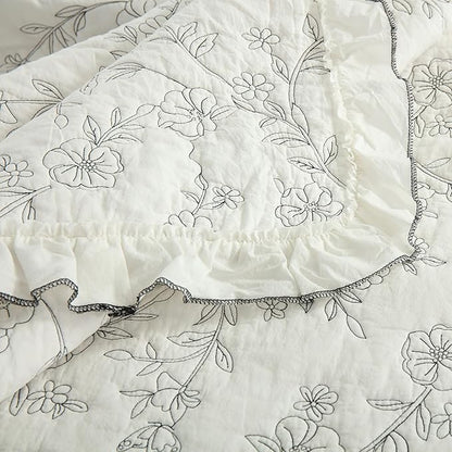 MarCielo 3-Piece 100% Cotton Bedspread Lightweight Quilt Coverlet Embroidery Farmhouse Bedding Set (Floral,Queen (98" X 90"))