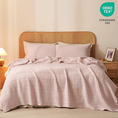 PHF 100% Cotton Waffle Weave Blanket King Size, Soft Lightweight Breathable Cozy Summer Blankets for Bed, Luxury Aesthetic Woven Bedding for Home Decor, 108"x90", Pink/Mauve