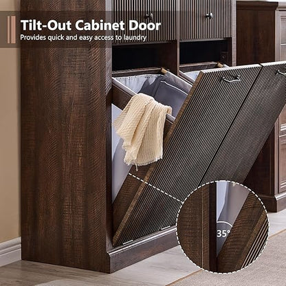 Modern Double Tilt-Out Trash Cabinet, 20 Gallon Fluted Laundry Hamper Cabinet with 2 Drawers, Wooden Hidden Garbage Can Cabinet w/Storage Basket,Free Standing for Kitchen & Living Room, Brown