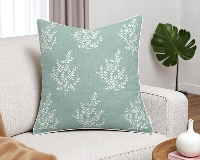 VAGMINE Embroidered Leaves Throw Pillow Cover - 18x18 Inches Square - 100% Cotton Light Teal Decorative Cushion Cover - Elegant Embroidery Pattern - Coastal Home Accent for Sofa, Bed, Living Room