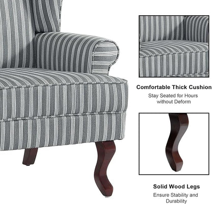 Accent Chair, High Back Upholstered Armchair with High Resilience Sponge & Wood Legs, Mid-Century Modern Comfy Single Sofa Reading Chairs for Living Room, Bedroom (Stripe Grey, Set of 1)