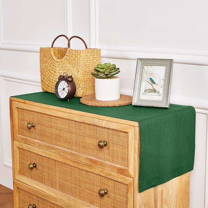 Solino Home Linen Table Runner 60 Inches - 100% Pure Linen Pine Green Table Runner 14 x 60 Inch Ideal for Dresser and Coffee Tables - Fall, Autumn, Thanksgiving - Fete